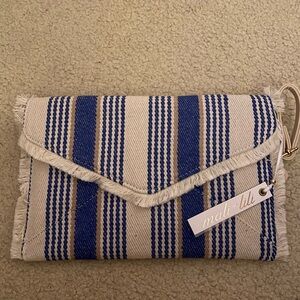 Blue and White Striped Clutch with Flap Closure